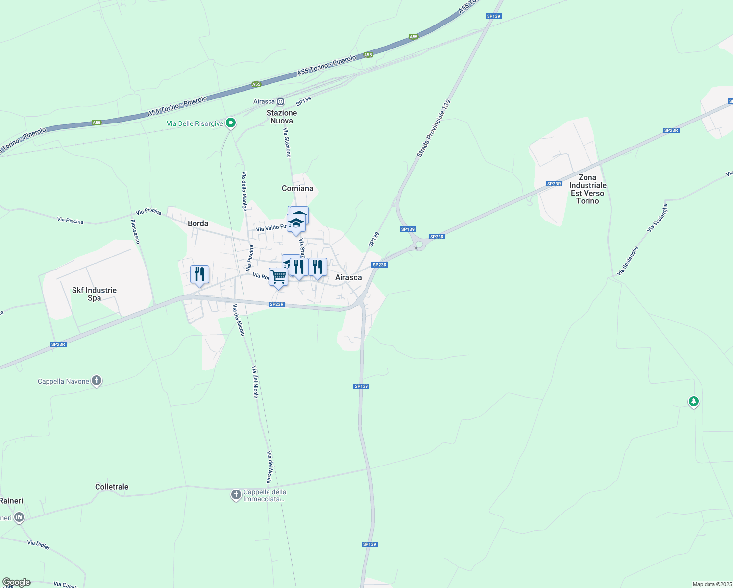 map of restaurants, bars, coffee shops, grocery stores, and more near 8 Via Torino in Airasca