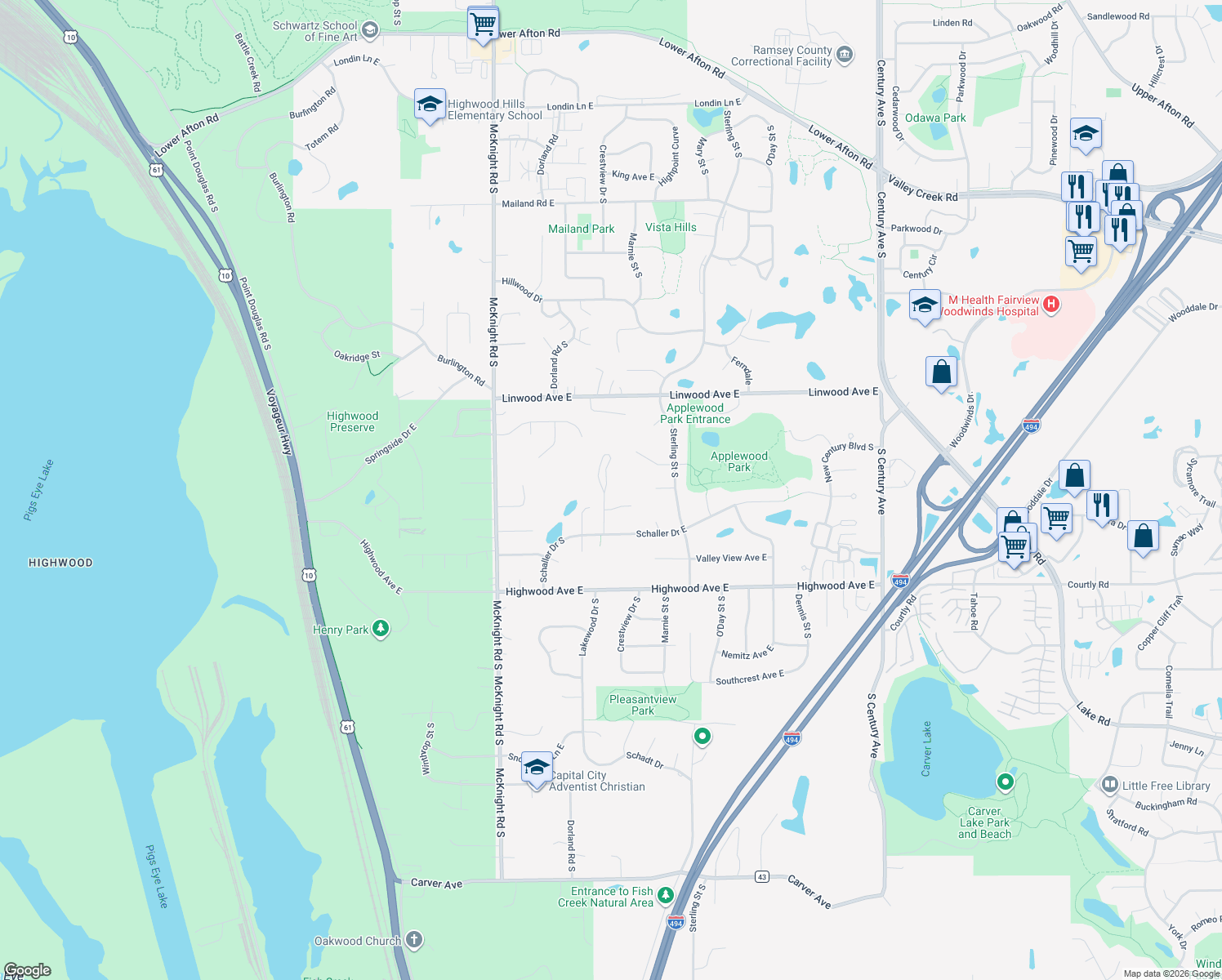 map of restaurants, bars, coffee shops, grocery stores, and more near 840 Crestview Drive South in Maplewood