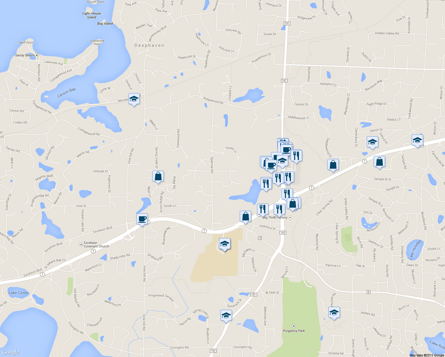 map of restaurants, bars, coffee shops, grocery stores, and more near 18224 Hermitage Way in Minnetonka