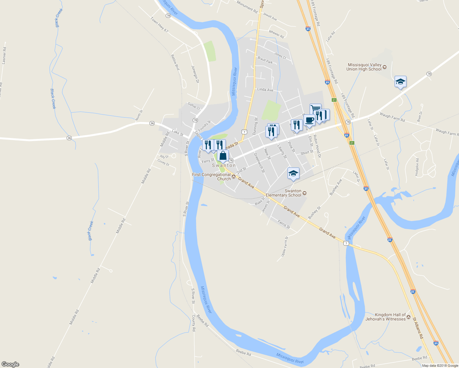 map of restaurants, bars, coffee shops, grocery stores, and more near 21 Church Street in Swanton