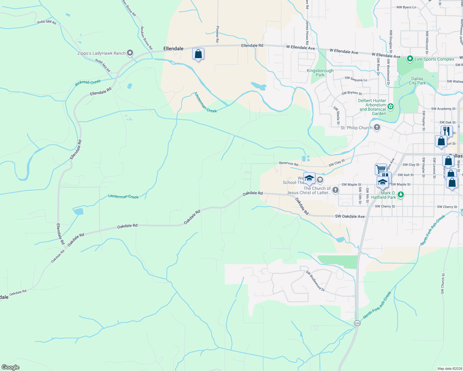 map of restaurants, bars, coffee shops, grocery stores, and more near 15571 Oakdale Road in Dallas