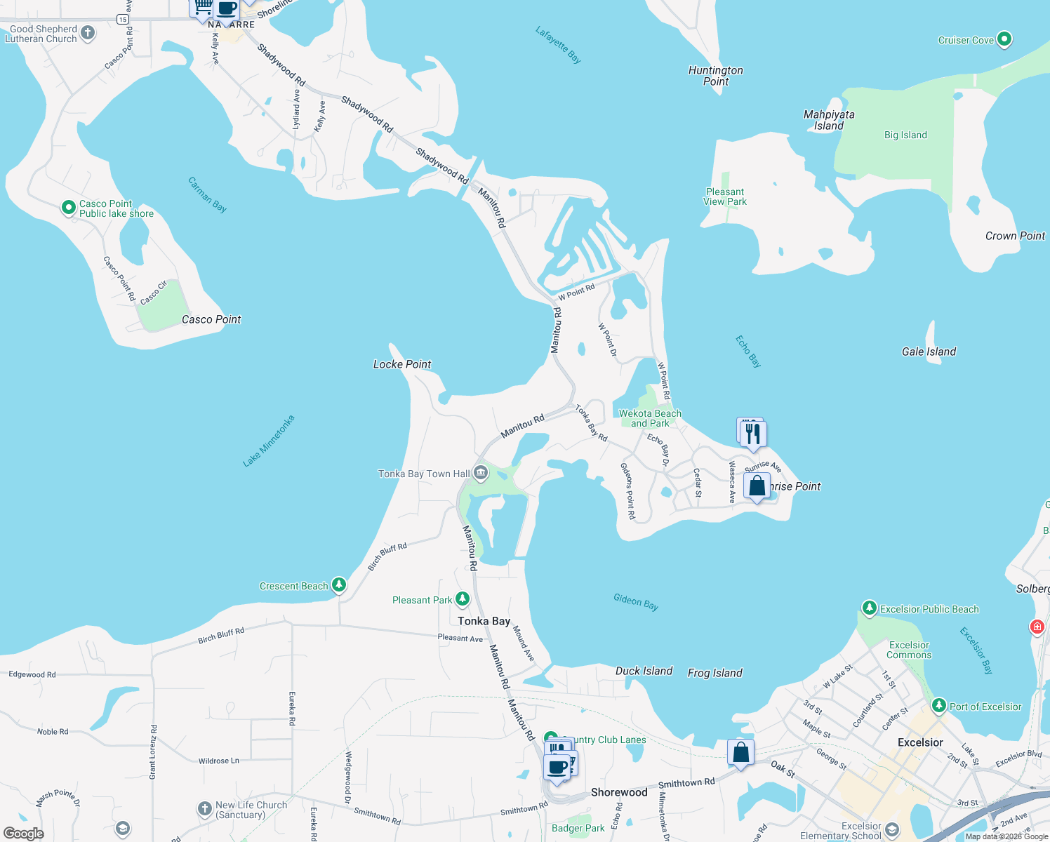 map of restaurants, bars, coffee shops, grocery stores, and more near 4766 Manitou Road in Excelsior