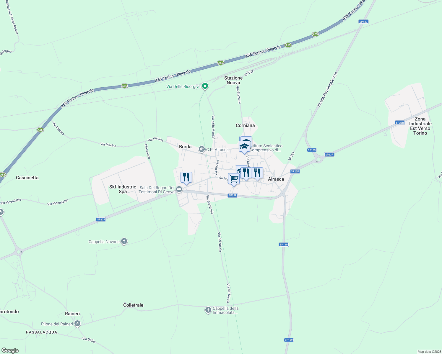 map of restaurants, bars, coffee shops, grocery stores, and more near 166 Via Roma in Airasca