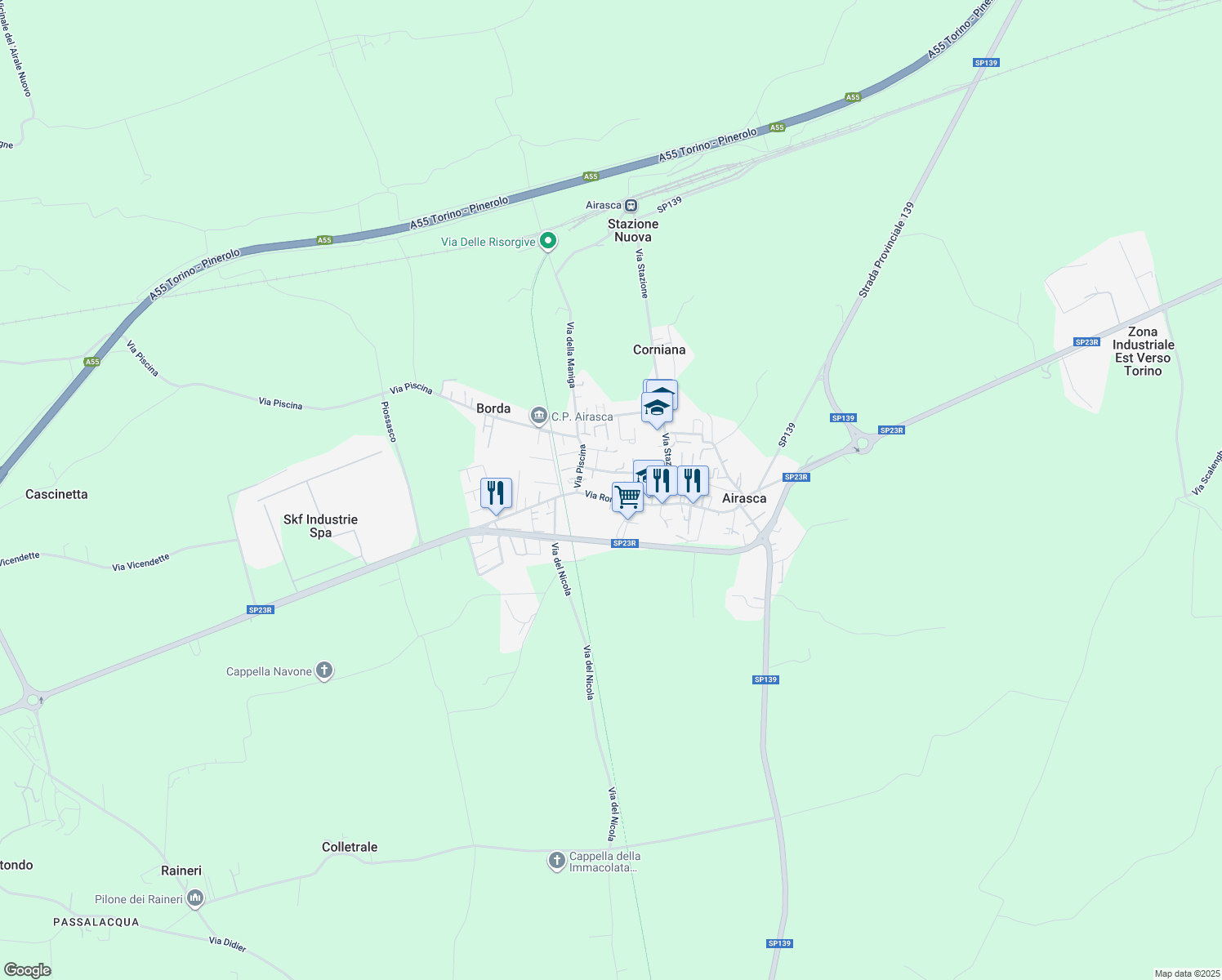 map of restaurants, bars, coffee shops, grocery stores, and more near 166 Via Roma in Airasca