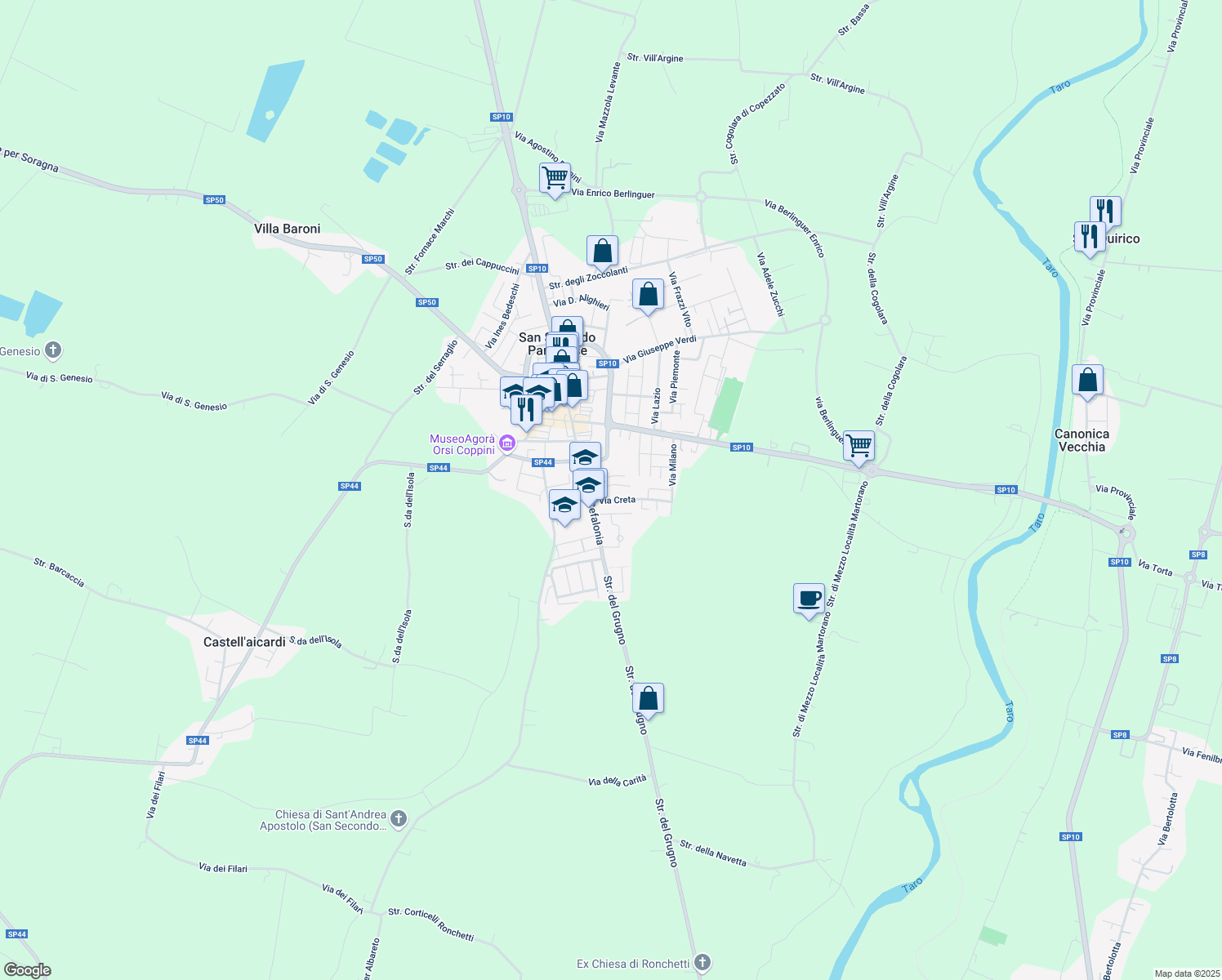 map of restaurants, bars, coffee shops, grocery stores, and more near 12 Via Corfù in San Secondo Parmense