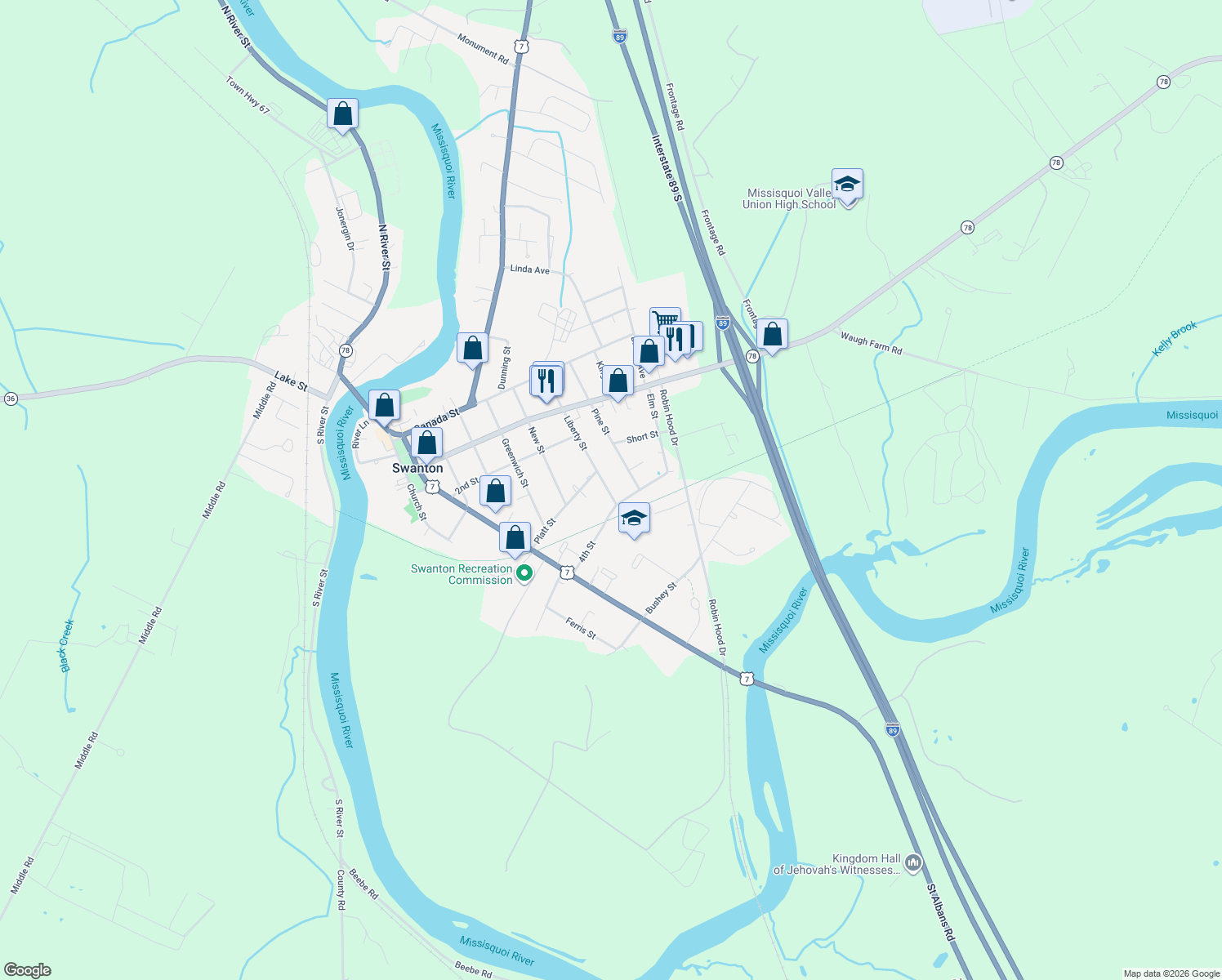 map of restaurants, bars, coffee shops, grocery stores, and more near 61 Liberty St in Swanton