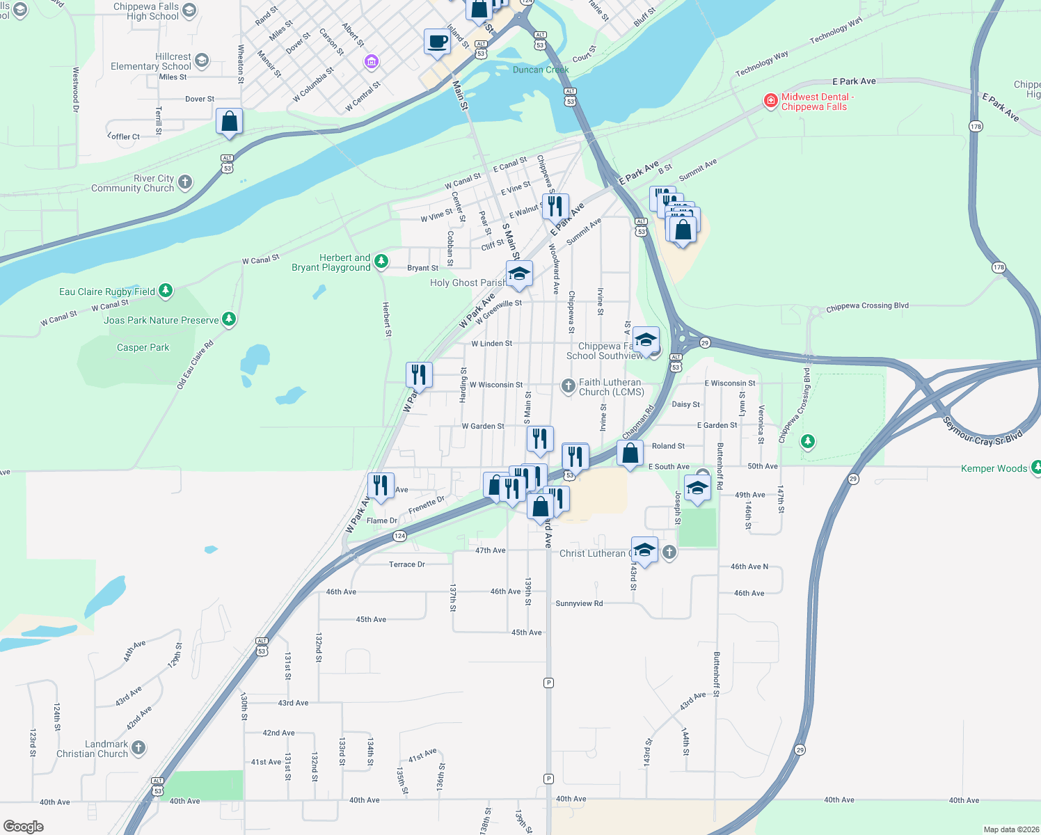 map of restaurants, bars, coffee shops, grocery stores, and more near 744 S Main St in Chippewa Falls