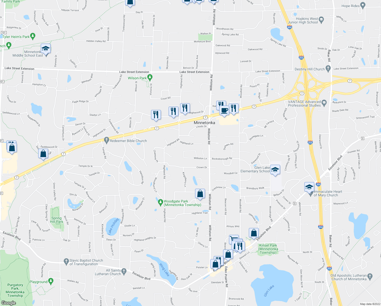 map of restaurants, bars, coffee shops, grocery stores, and more near 15009 Williston Lane in Minnetonka