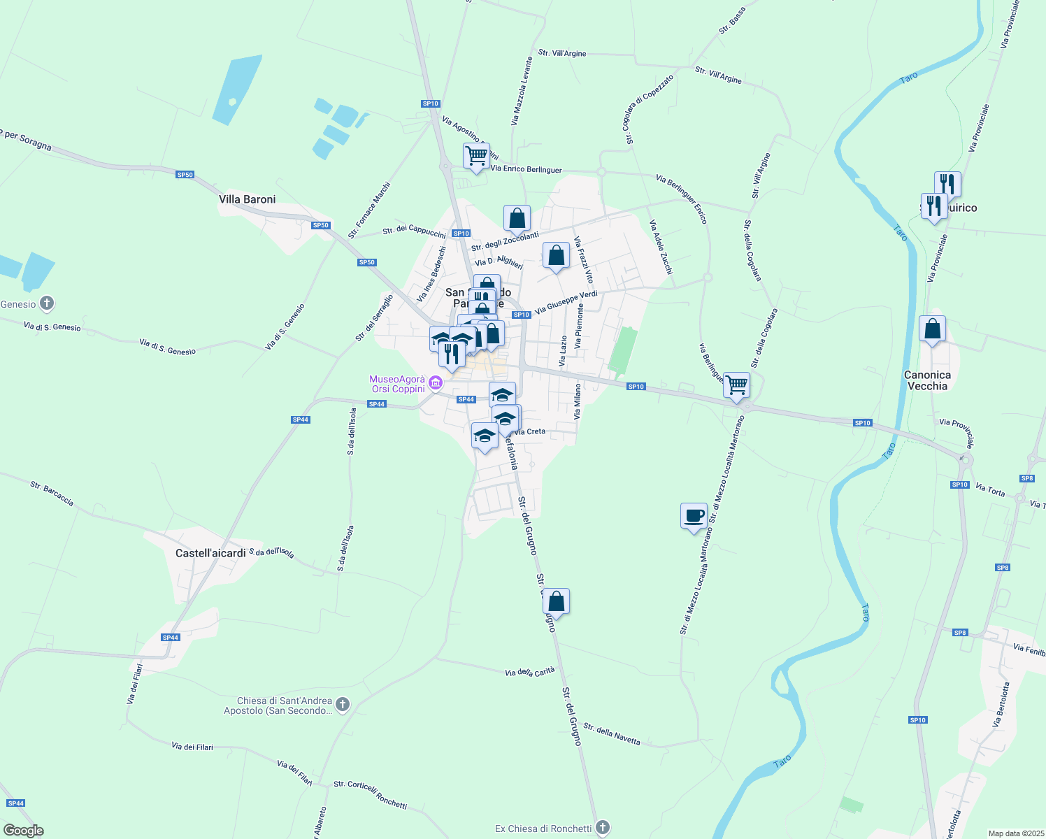 map of restaurants, bars, coffee shops, grocery stores, and more near 12 Via Corfù in San Secondo Parmense