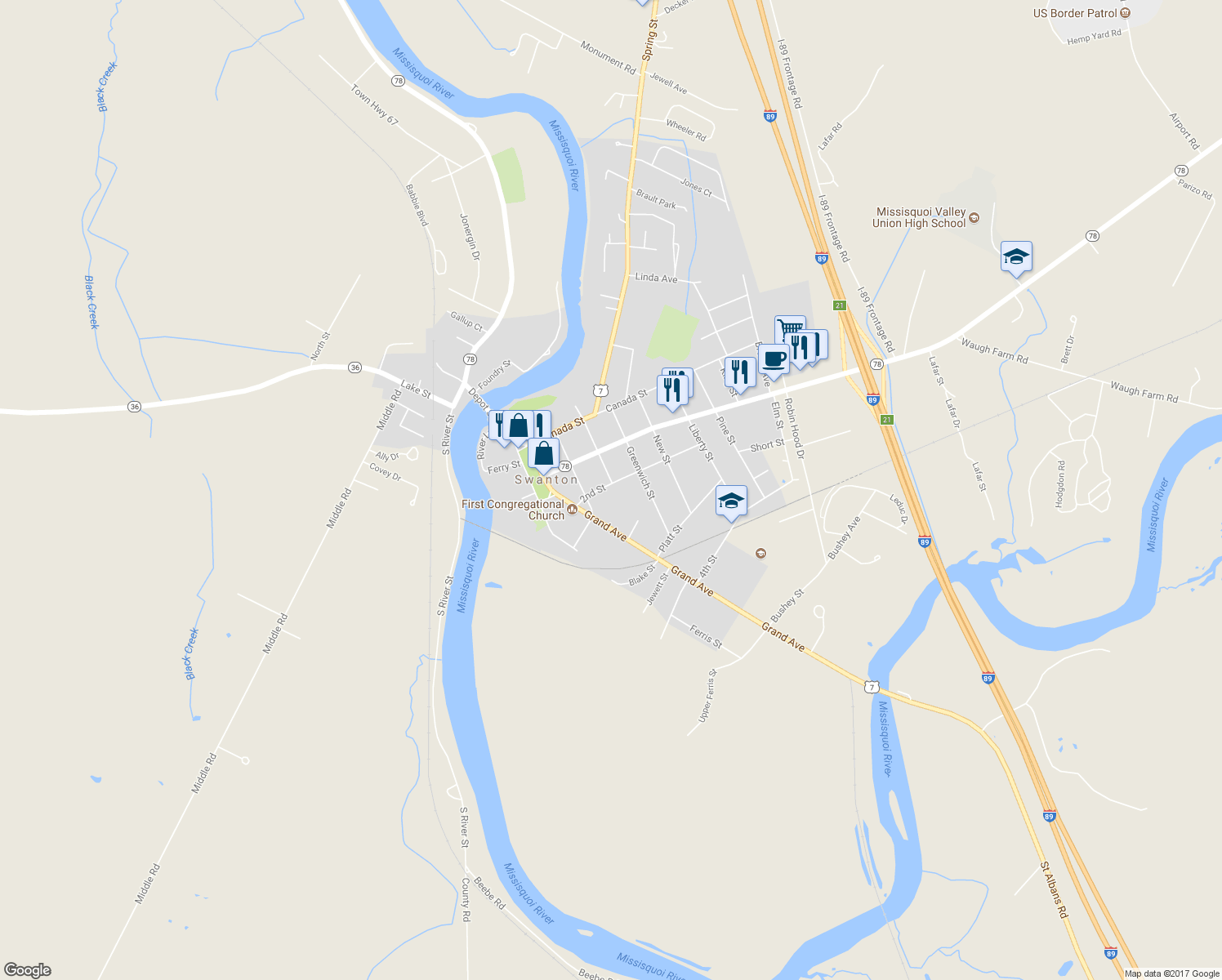 map of restaurants, bars, coffee shops, grocery stores, and more near 14 2nd Street in Swanton