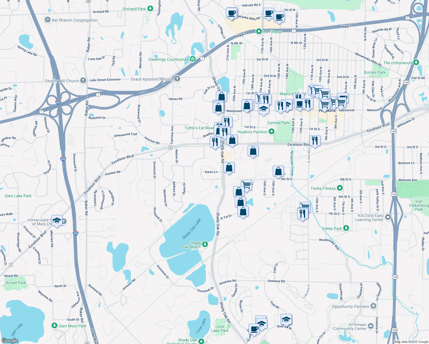map of restaurants, bars, coffee shops, grocery stores, and more near Shady Oak Drive in Minnetonka