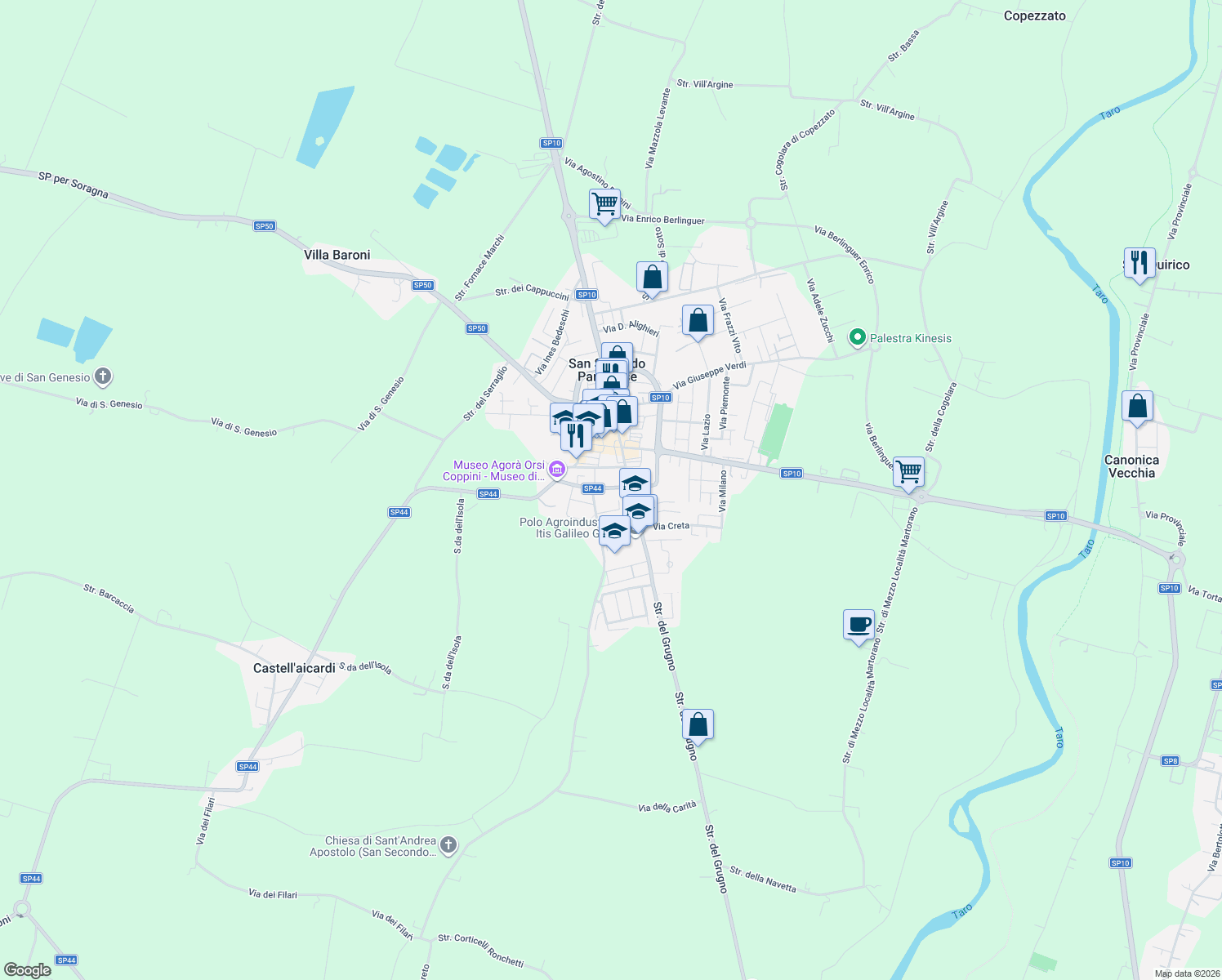 map of restaurants, bars, coffee shops, grocery stores, and more near 31 Via XX Settembre in San Secondo Parmense