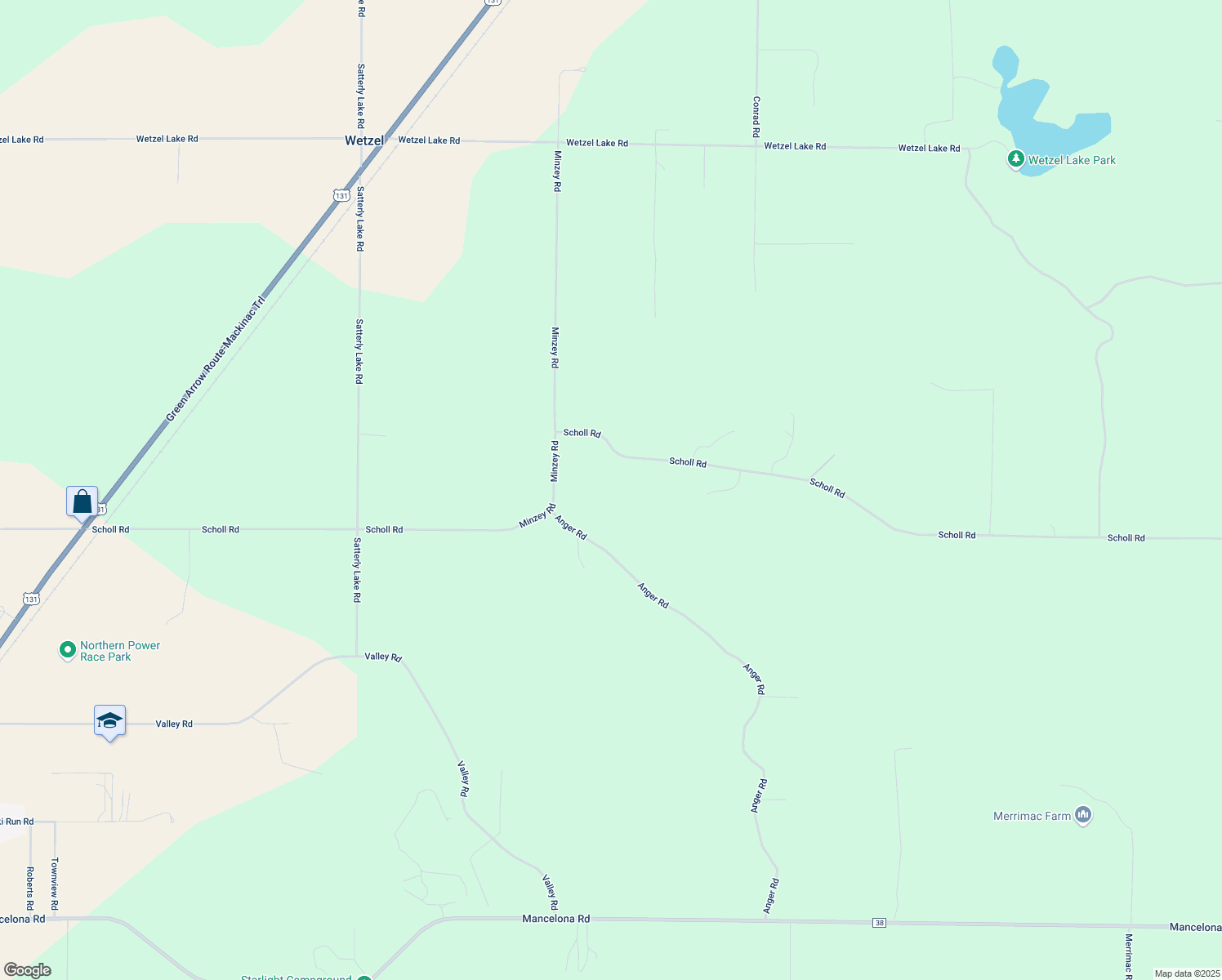 map of restaurants, bars, coffee shops, grocery stores, and more near 3550 Scholl Road in Mancelona