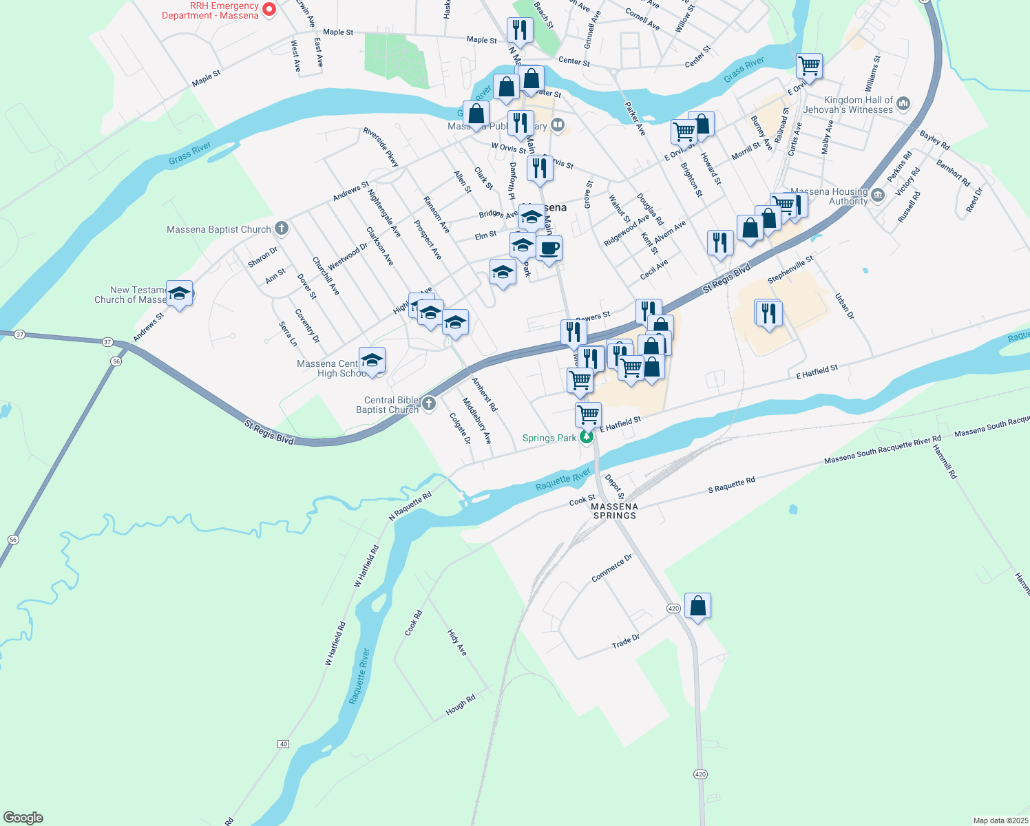 map of restaurants, bars, coffee shops, grocery stores, and more near 249 Prospect Ave in Massena