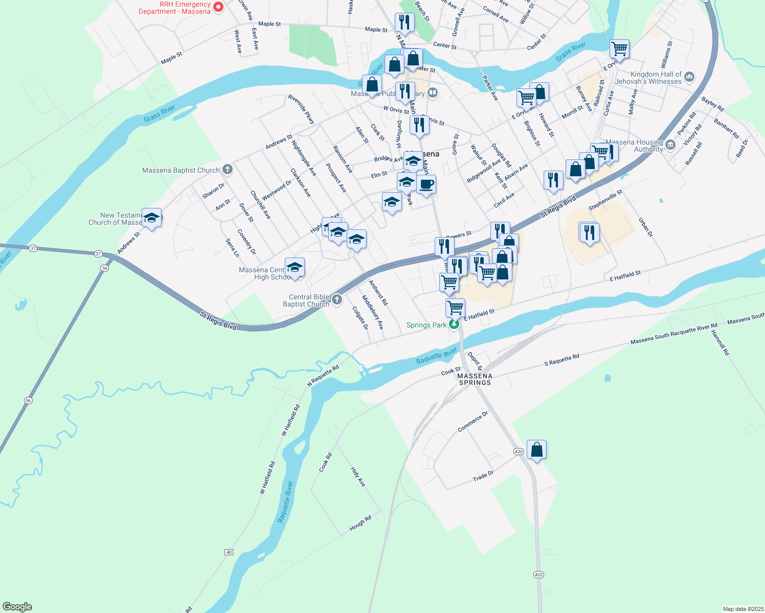 map of restaurants, bars, coffee shops, grocery stores, and more near 23 Amherst Road in Massena