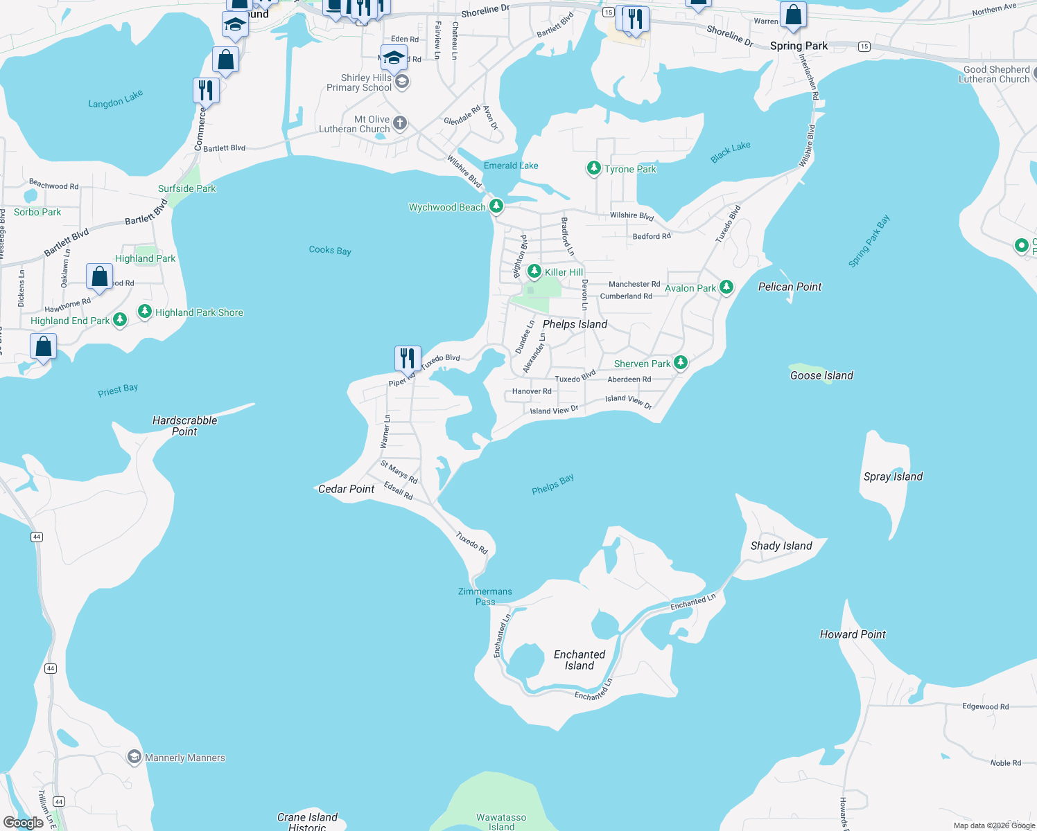 map of restaurants, bars, coffee shops, grocery stores, and more near 4924 Island View Drive in Mound