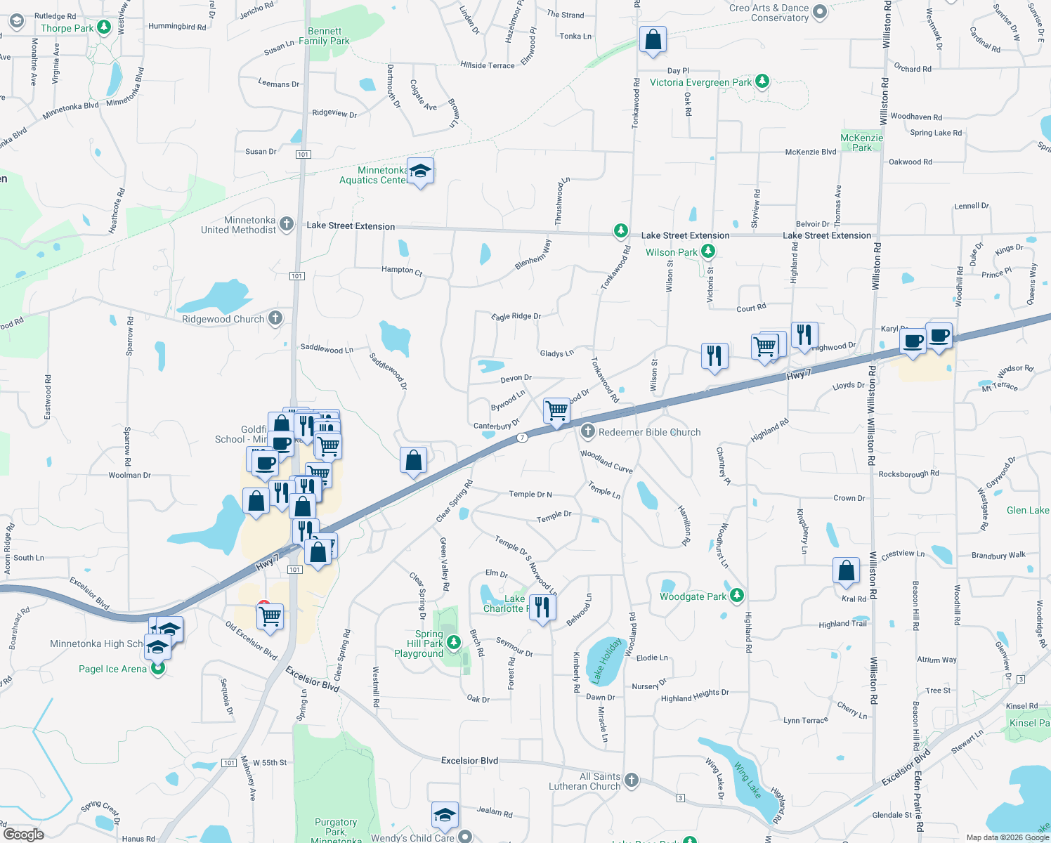 map of restaurants, bars, coffee shops, grocery stores, and more near 16517 Canterbury Drive in Minnetonka