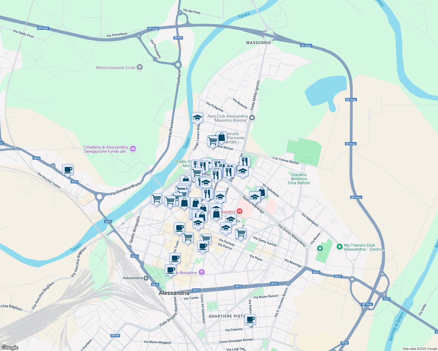 map of restaurants, bars, coffee shops, grocery stores, and more near 30 Spalto Marengo in Alessandria