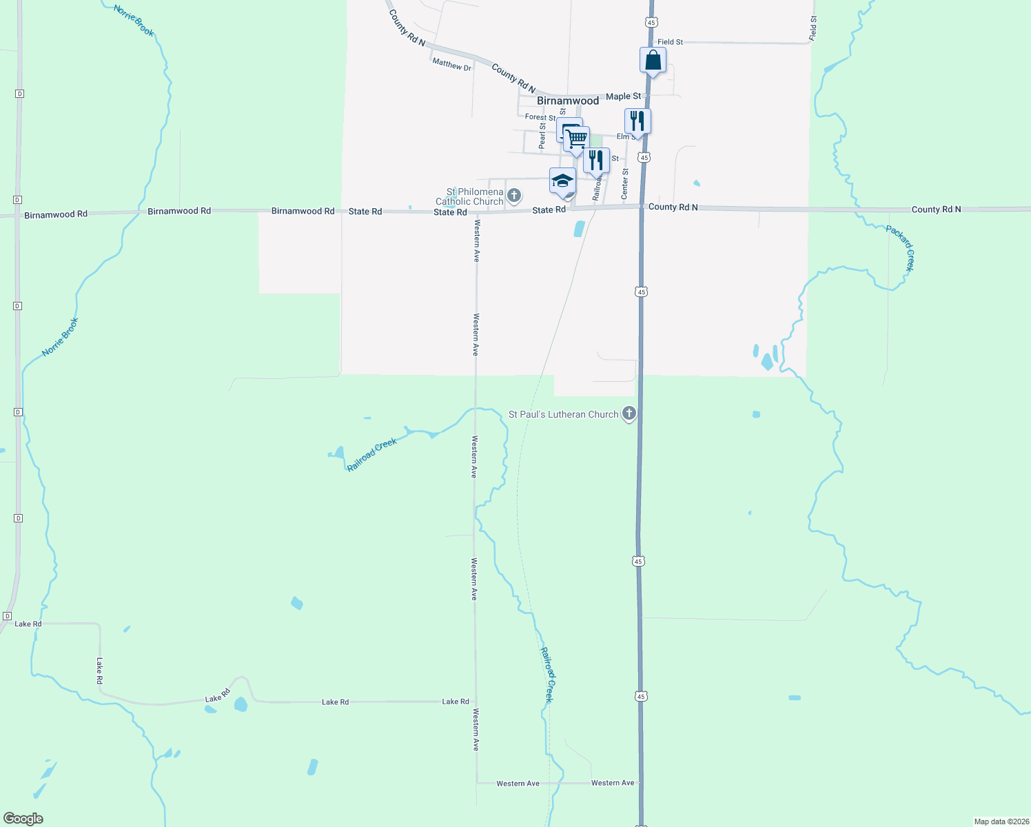 map of restaurants, bars, coffee shops, grocery stores, and more near N8998 Western Avenue in Birnamwood