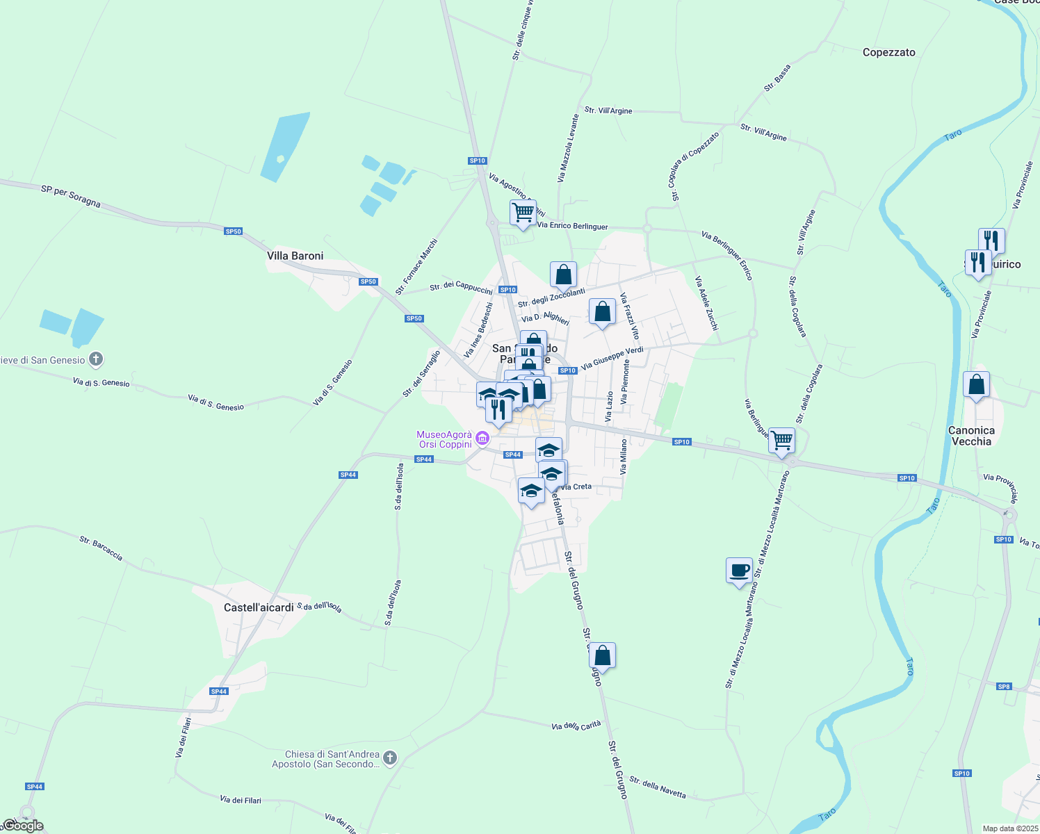 map of restaurants, bars, coffee shops, grocery stores, and more near 22 Via Ilario Gaibazzi in San Secondo Parmense
