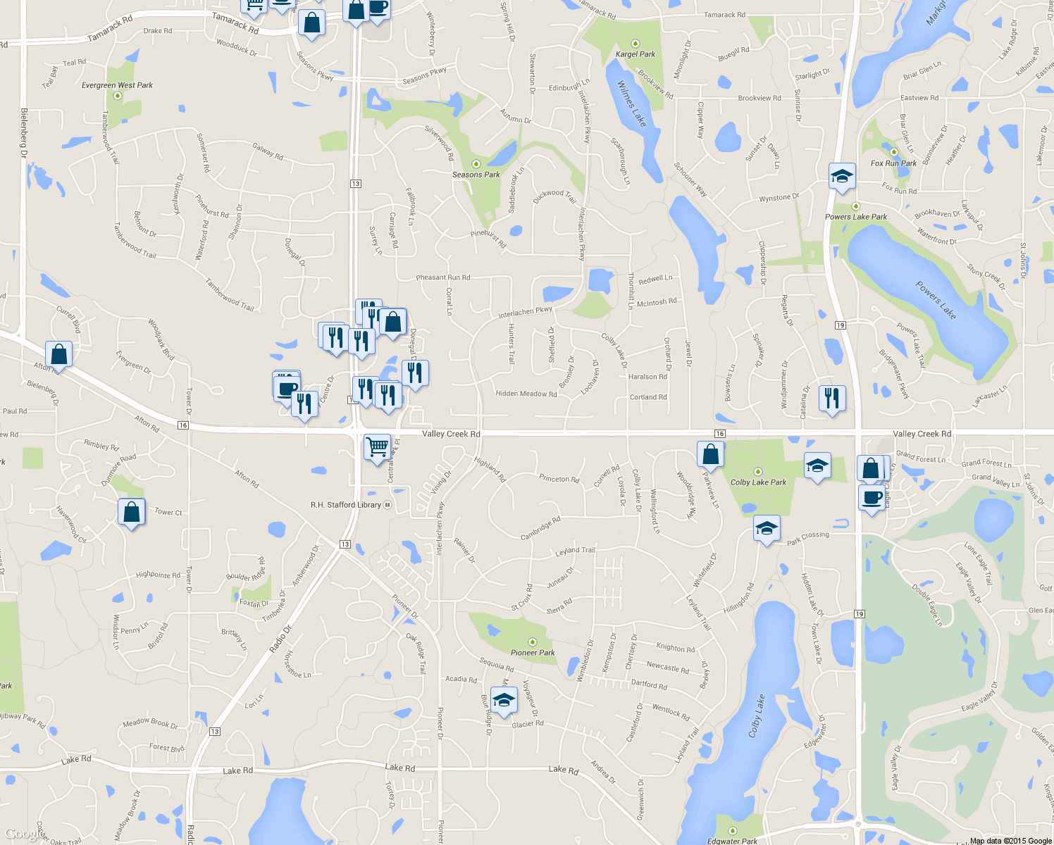 map of restaurants, bars, coffee shops, grocery stores, and more near 1952 Lochaven Alcove in Woodbury