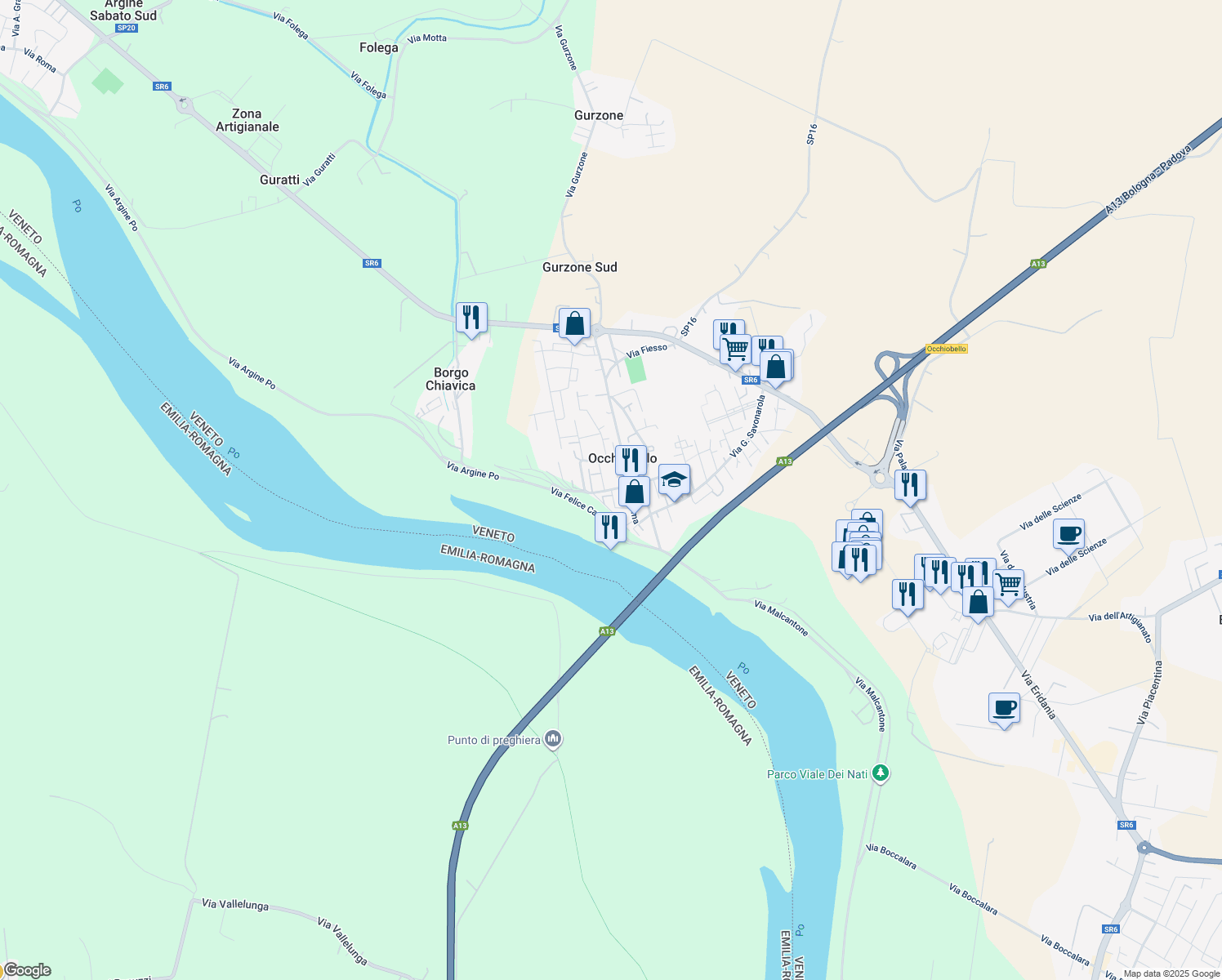 map of restaurants, bars, coffee shops, grocery stores, and more near 33 Via Felice Cavallotti in Occhiobello