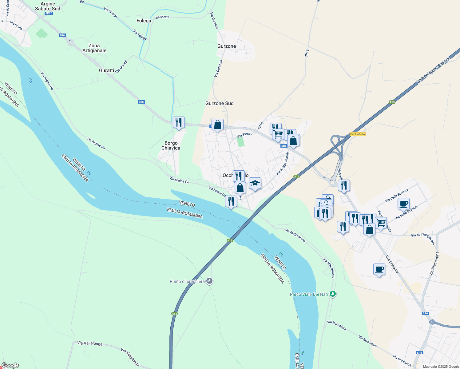 map of restaurants, bars, coffee shops, grocery stores, and more near 33 Via Felice Cavallotti in Occhiobello