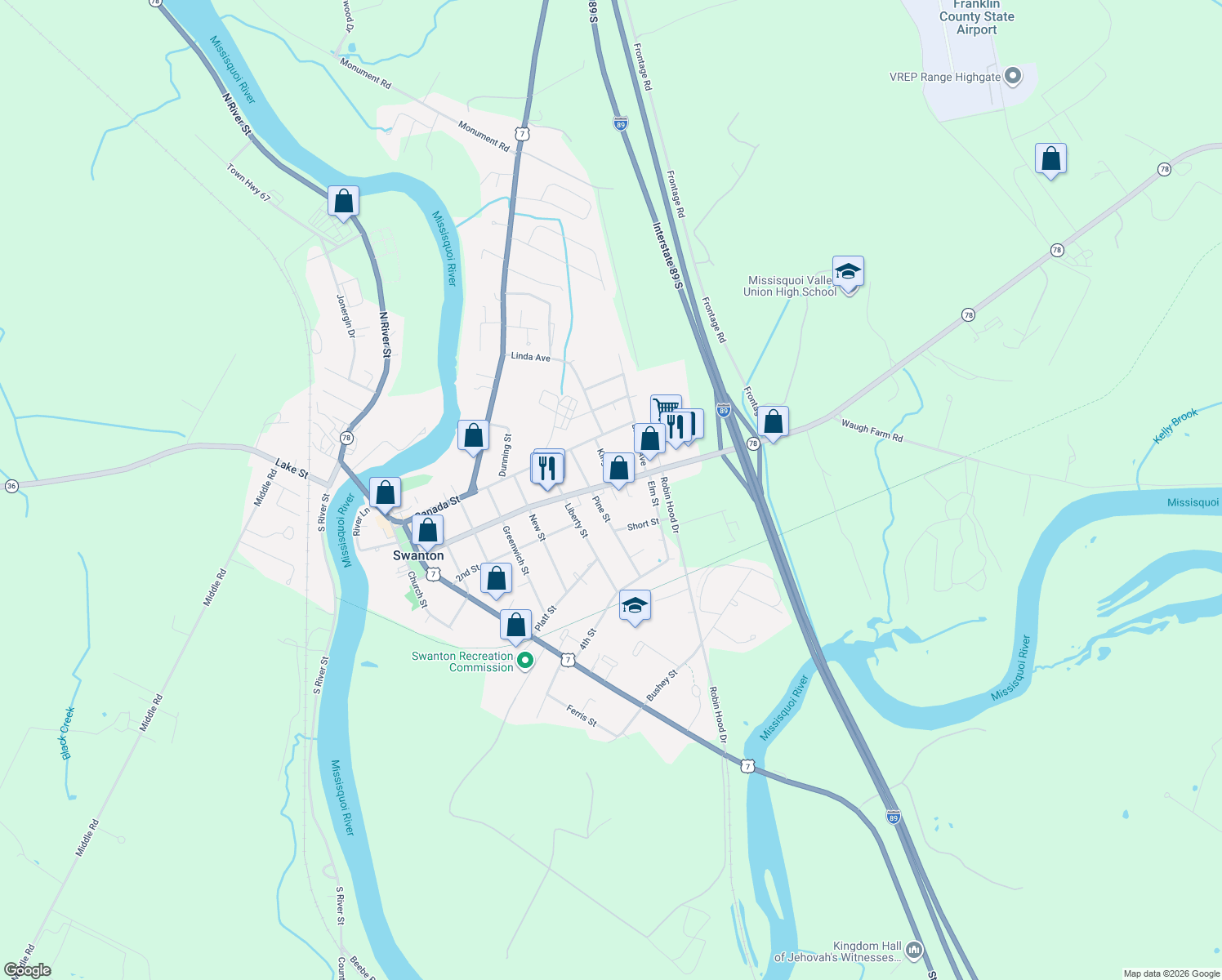map of restaurants, bars, coffee shops, grocery stores, and more near 108 1st St in Swanton