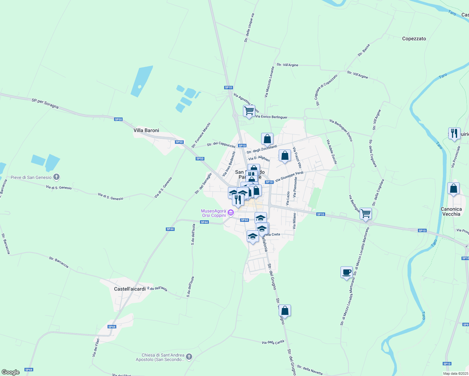 map of restaurants, bars, coffee shops, grocery stores, and more near 3 Viale Pier Maria Rossi in San Secondo Parmense