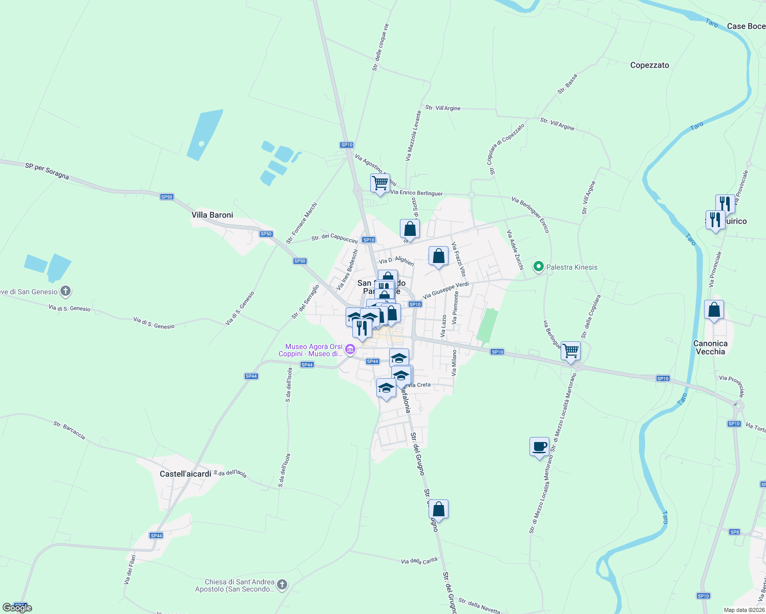 map of restaurants, bars, coffee shops, grocery stores, and more near 12 Piazza Martiri della Libertà in San Secondo Parmense