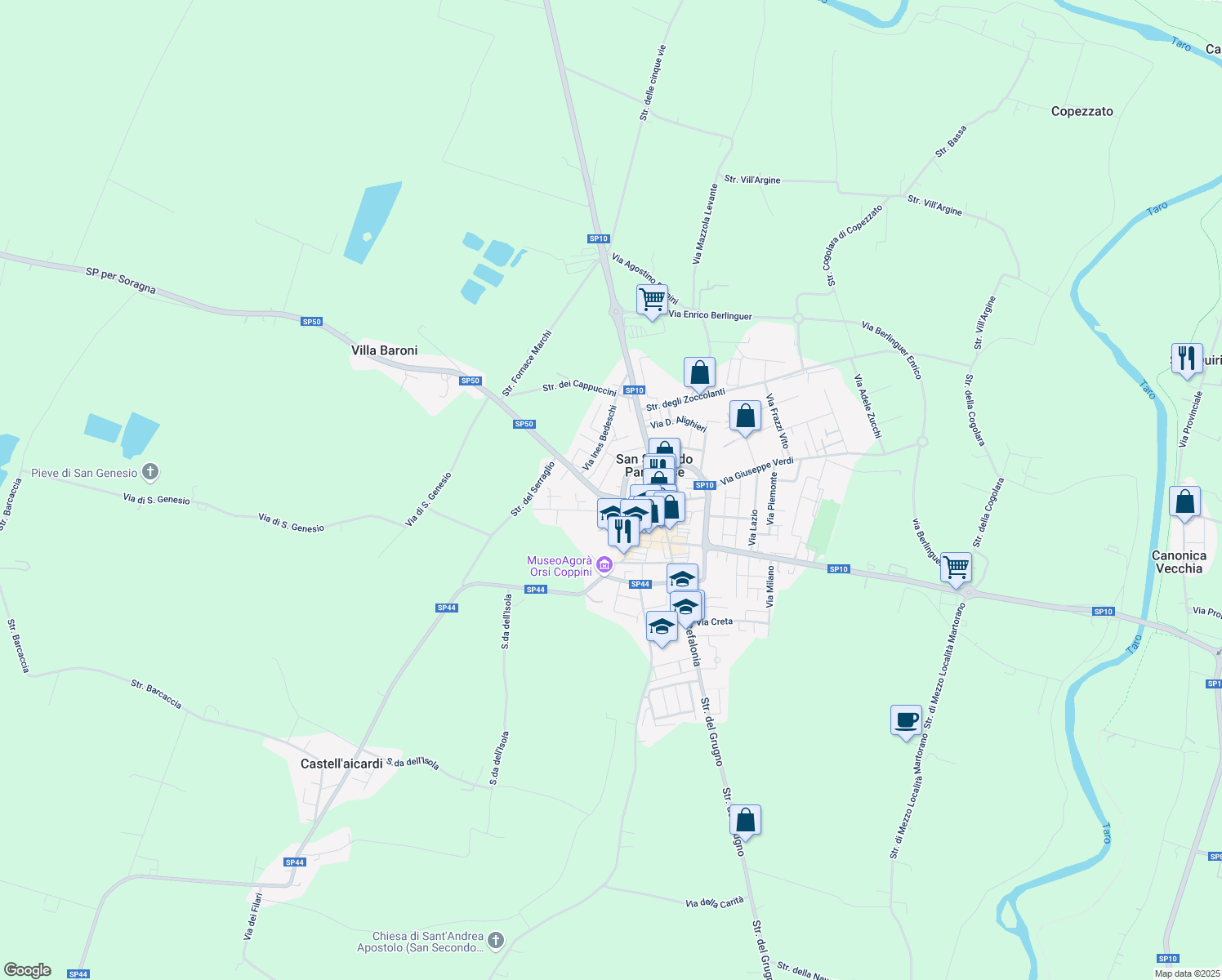 map of restaurants, bars, coffee shops, grocery stores, and more near 3 Viale Pier Maria Rossi in San Secondo Parmense