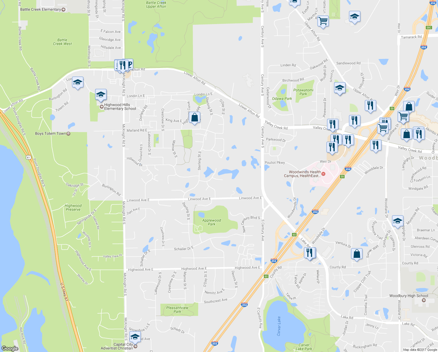 map of restaurants, bars, coffee shops, grocery stores, and more near 2555 Oakridge Court in Saint Paul