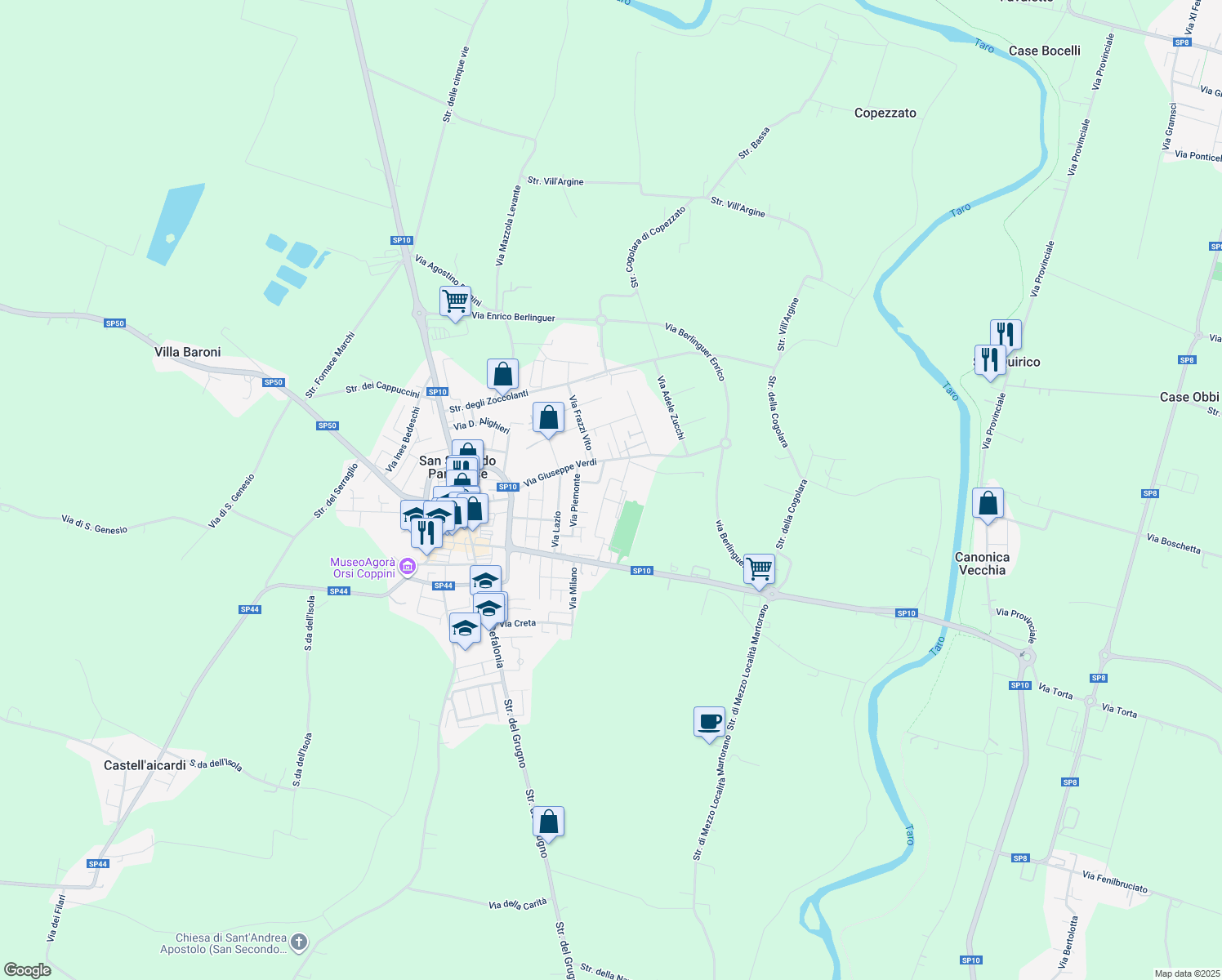 map of restaurants, bars, coffee shops, grocery stores, and more near 14 Via Unità d'italia in Provincia di Parma