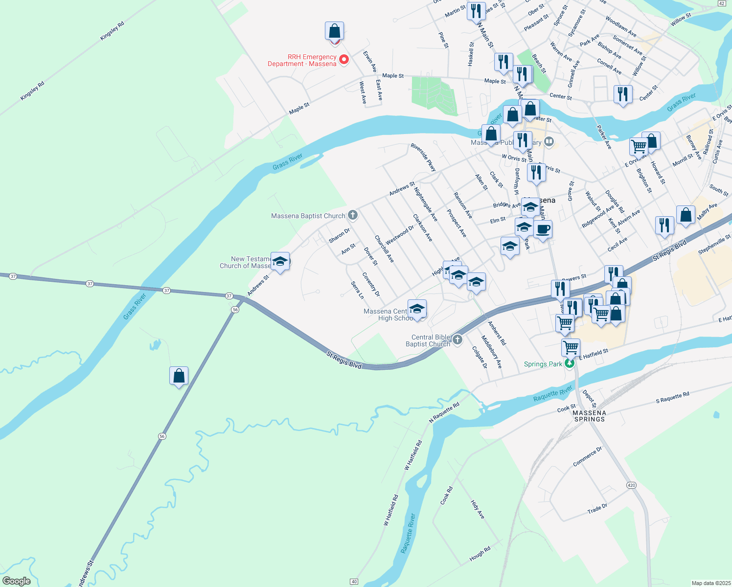 map of restaurants, bars, coffee shops, grocery stores, and more near 15 Serra Ln in Massena