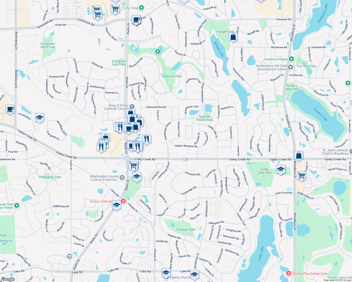 map of restaurants, bars, coffee shops, grocery stores, and more near 8905 Hunters Trail in Woodbury