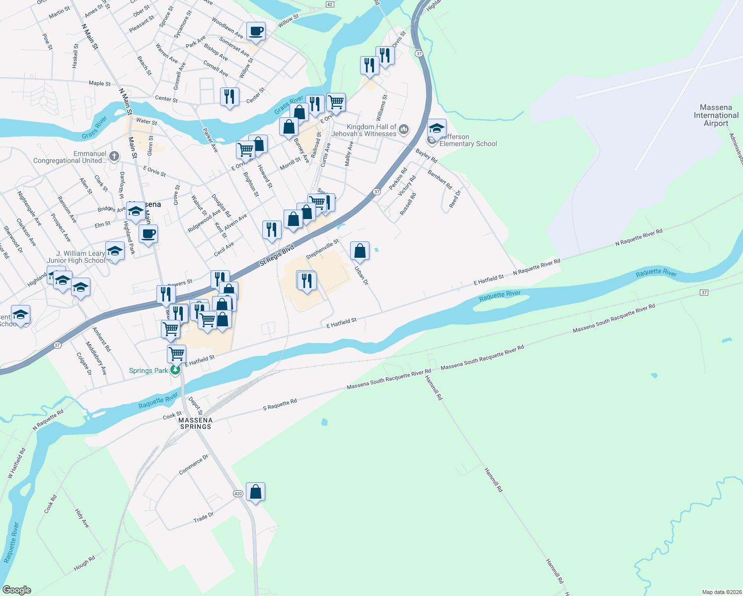 map of restaurants, bars, coffee shops, grocery stores, and more near 10 Urban Dr in Massena