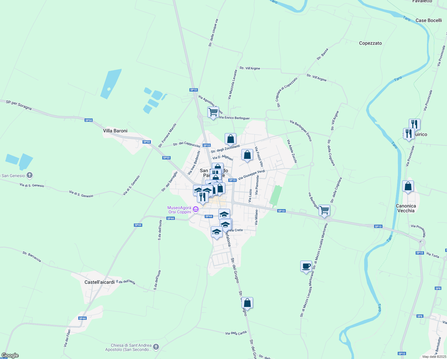 map of restaurants, bars, coffee shops, grocery stores, and more near 24 Piazza Martiri della Libertà in San Secondo Parmense