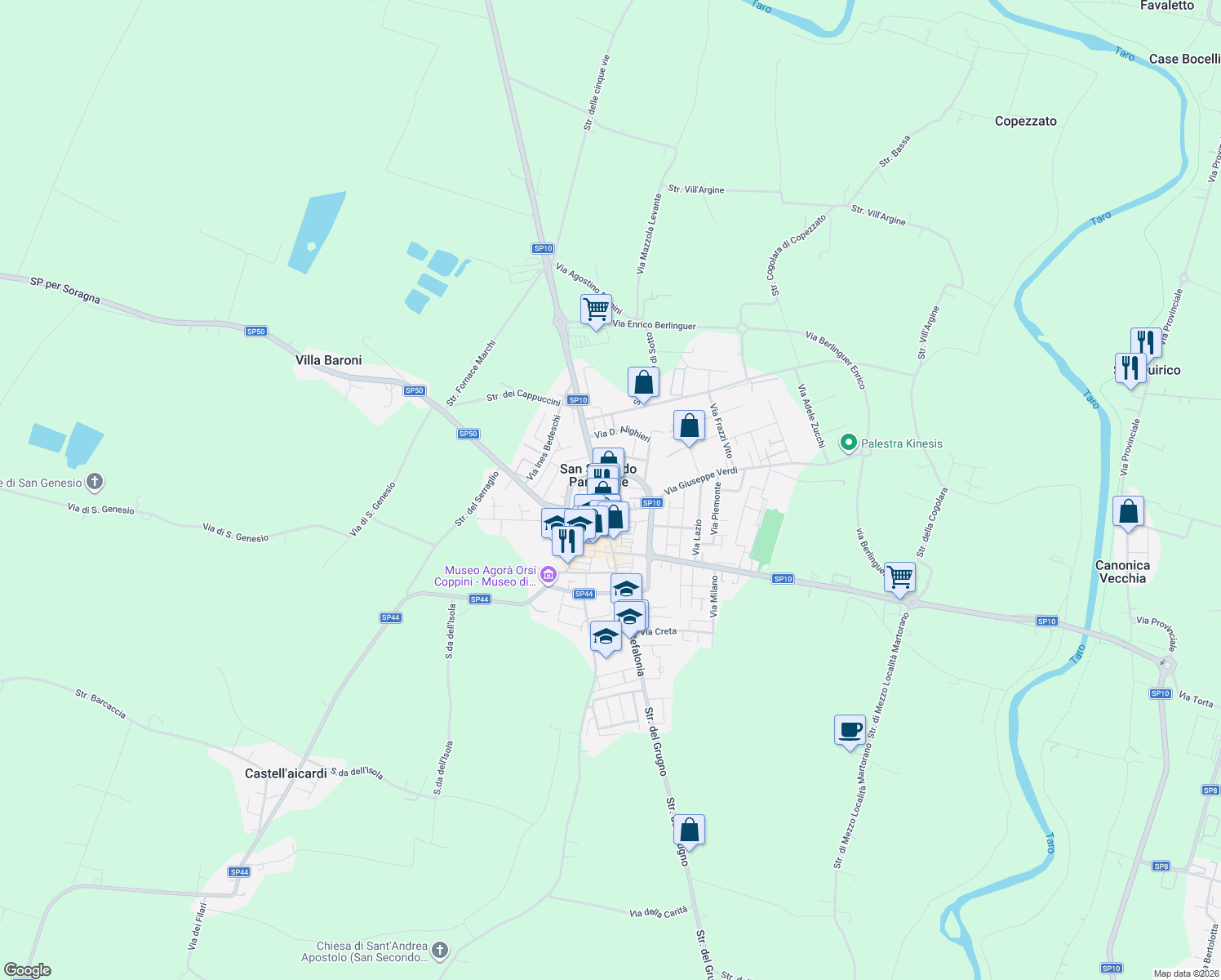 map of restaurants, bars, coffee shops, grocery stores, and more near 12 Piazza Martiri della Libertà in San Secondo Parmense