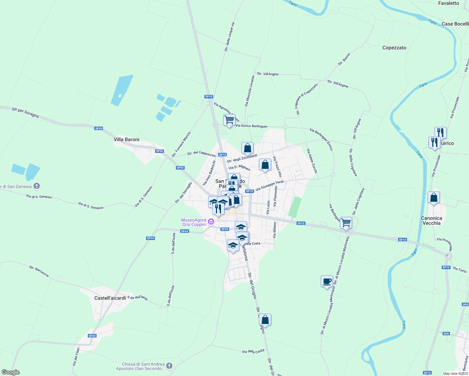 map of restaurants, bars, coffee shops, grocery stores, and more near 24 Piazza Martiri della Libertà in San Secondo Parmense