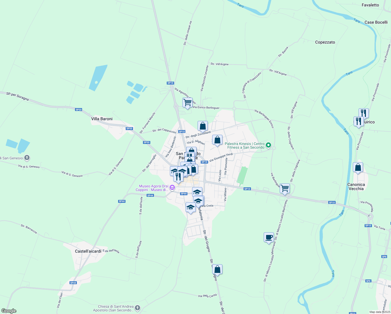 map of restaurants, bars, coffee shops, grocery stores, and more near 14 Strada Provinciale 10 in San Secondo Parmense
