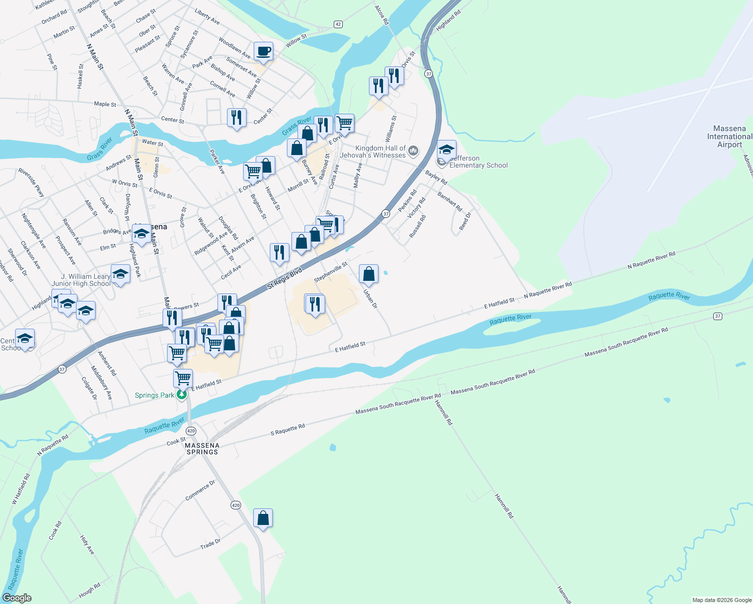 map of restaurants, bars, coffee shops, grocery stores, and more near 27 Urban Dr in Massena
