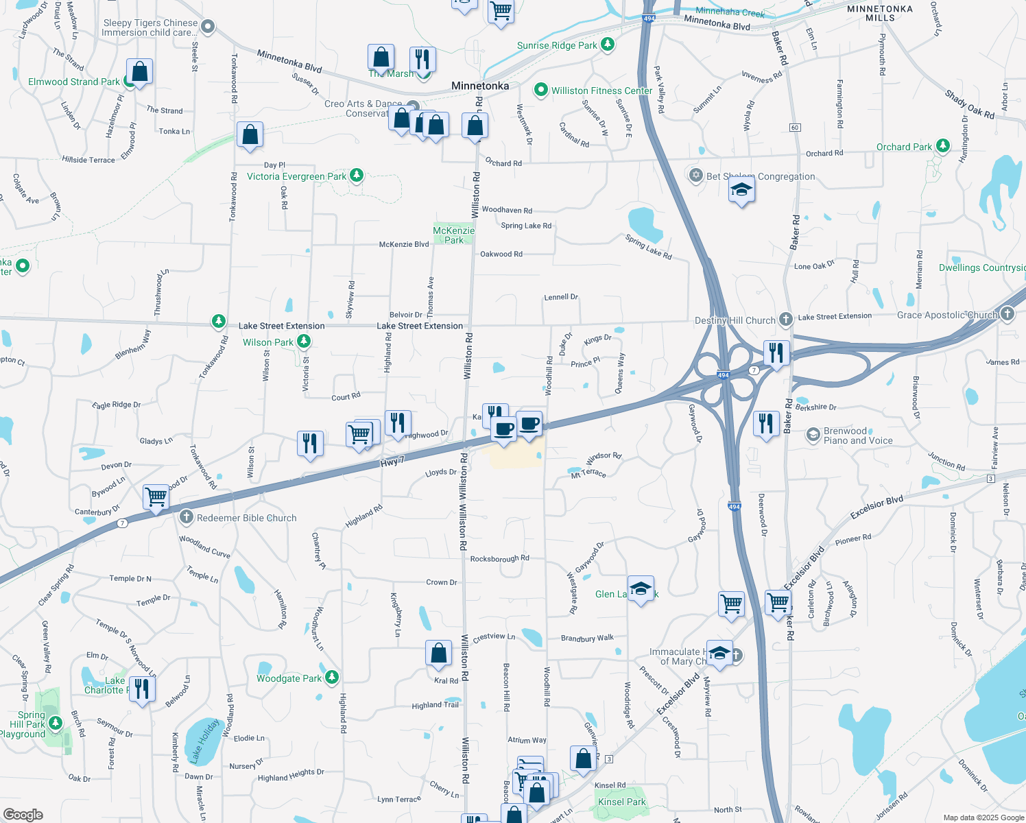 map of restaurants, bars, coffee shops, grocery stores, and more near 14518 Karyl Drive in Minnetonka