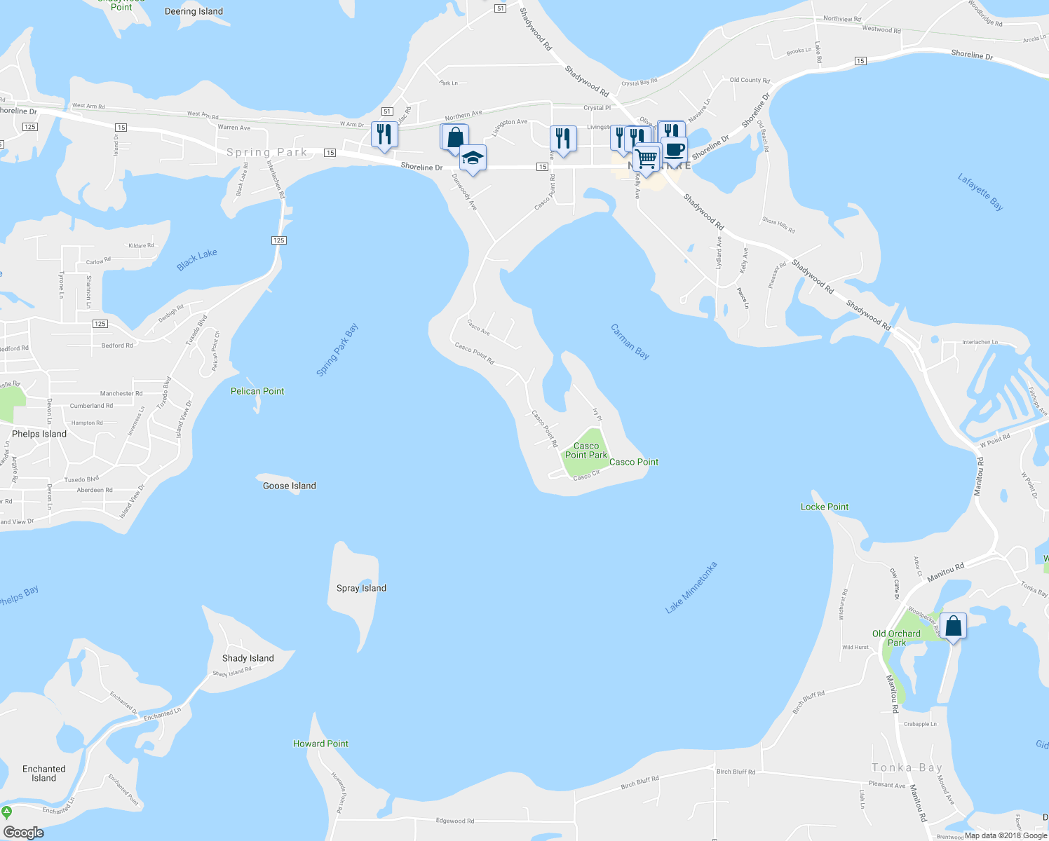 map of restaurants, bars, coffee shops, grocery stores, and more near 2987 Casco Point Road in Wayzata