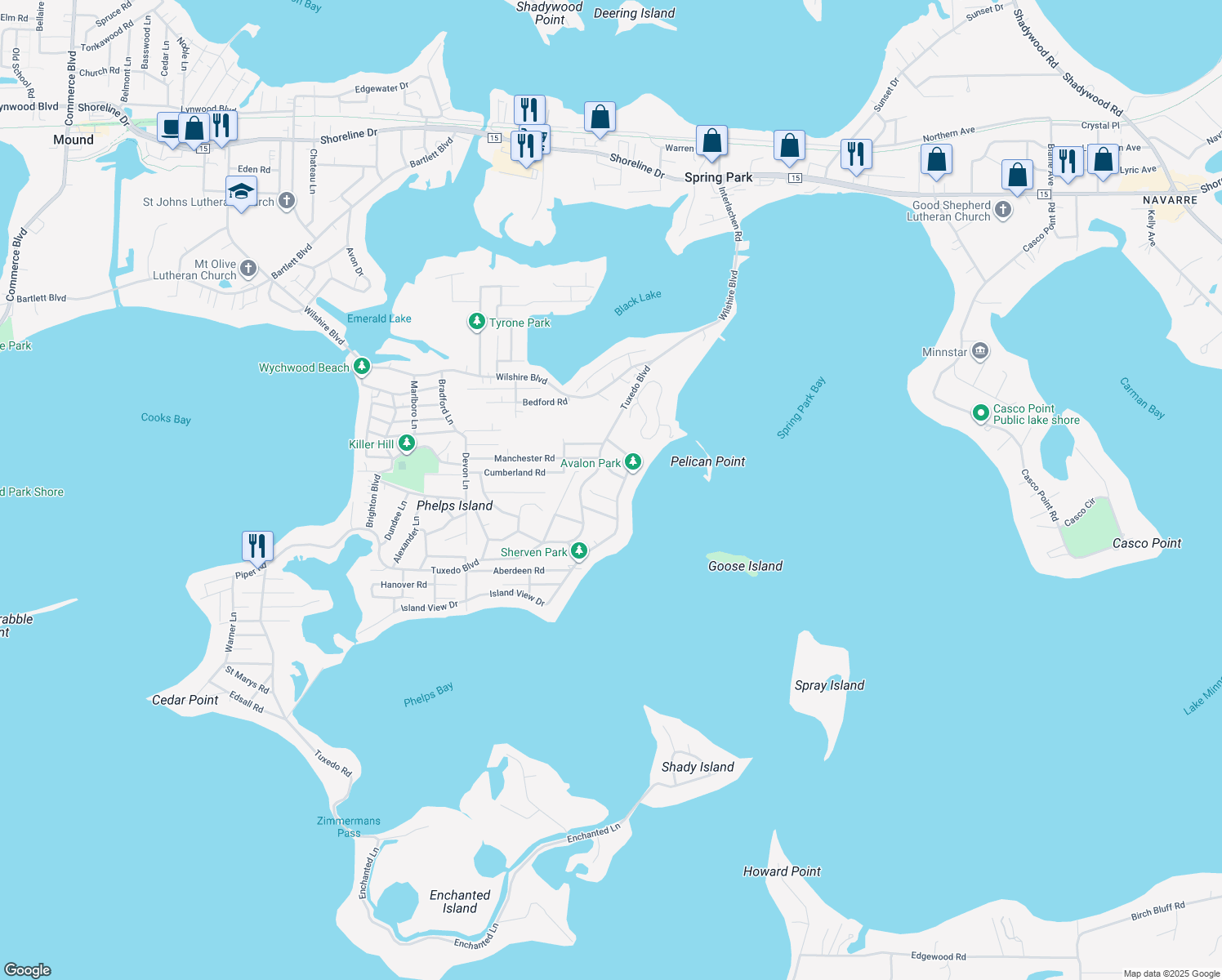 map of restaurants, bars, coffee shops, grocery stores, and more near 3025 Island View Drive in Mound