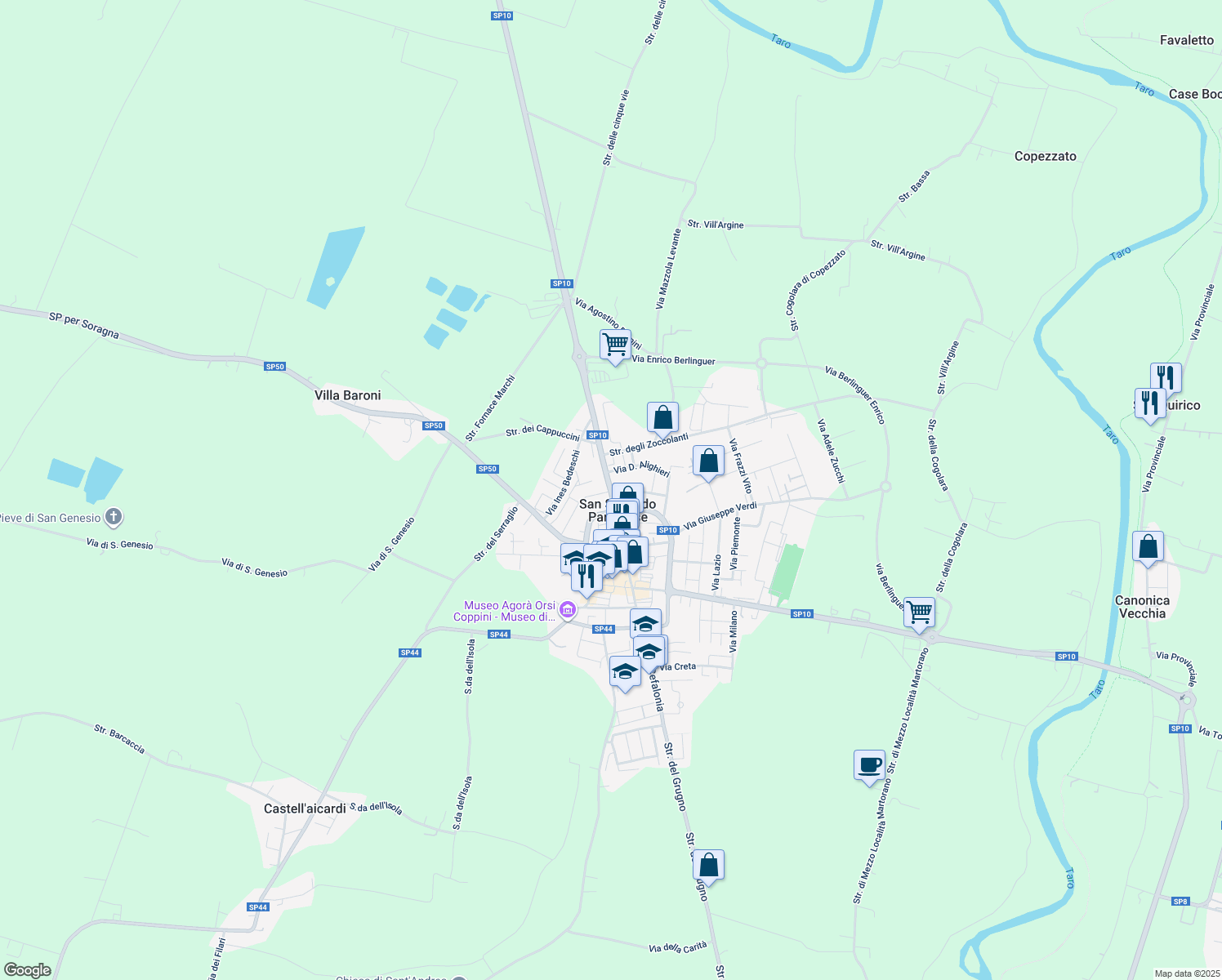 map of restaurants, bars, coffee shops, grocery stores, and more near in San Secondo Parmense
