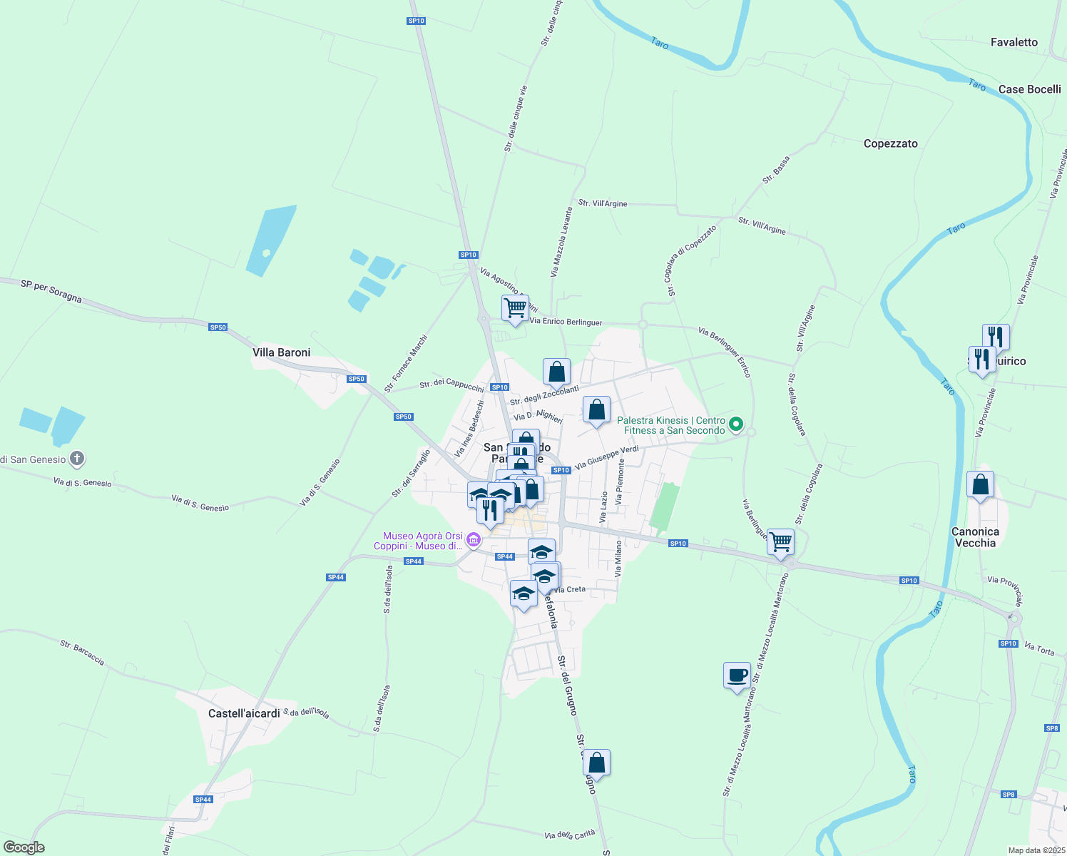 map of restaurants, bars, coffee shops, grocery stores, and more near 14 Strada Provinciale 10 in San Secondo Parmense
