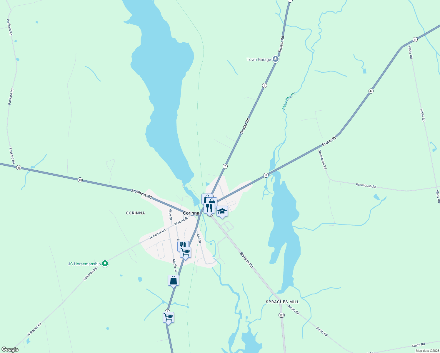 map of restaurants, bars, coffee shops, grocery stores, and more near 67 Dexter Road in Corinna