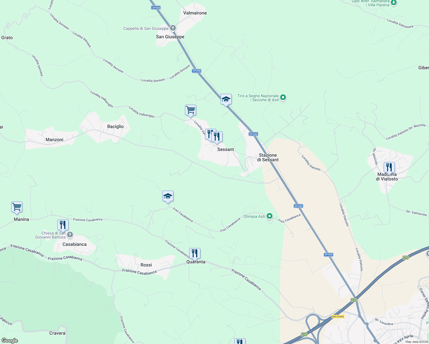 map of restaurants, bars, coffee shops, grocery stores, and more near 417 Frazione Sessant in Sessant
