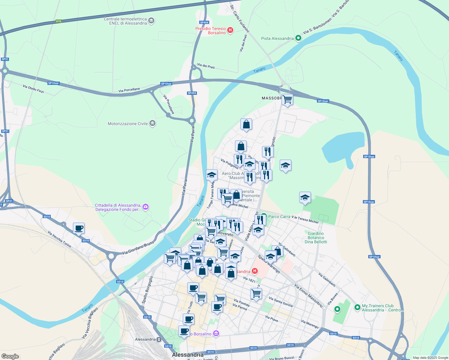 map of restaurants, bars, coffee shops, grocery stores, and more near 46 Via Vincenzo Bellini in Alessandria