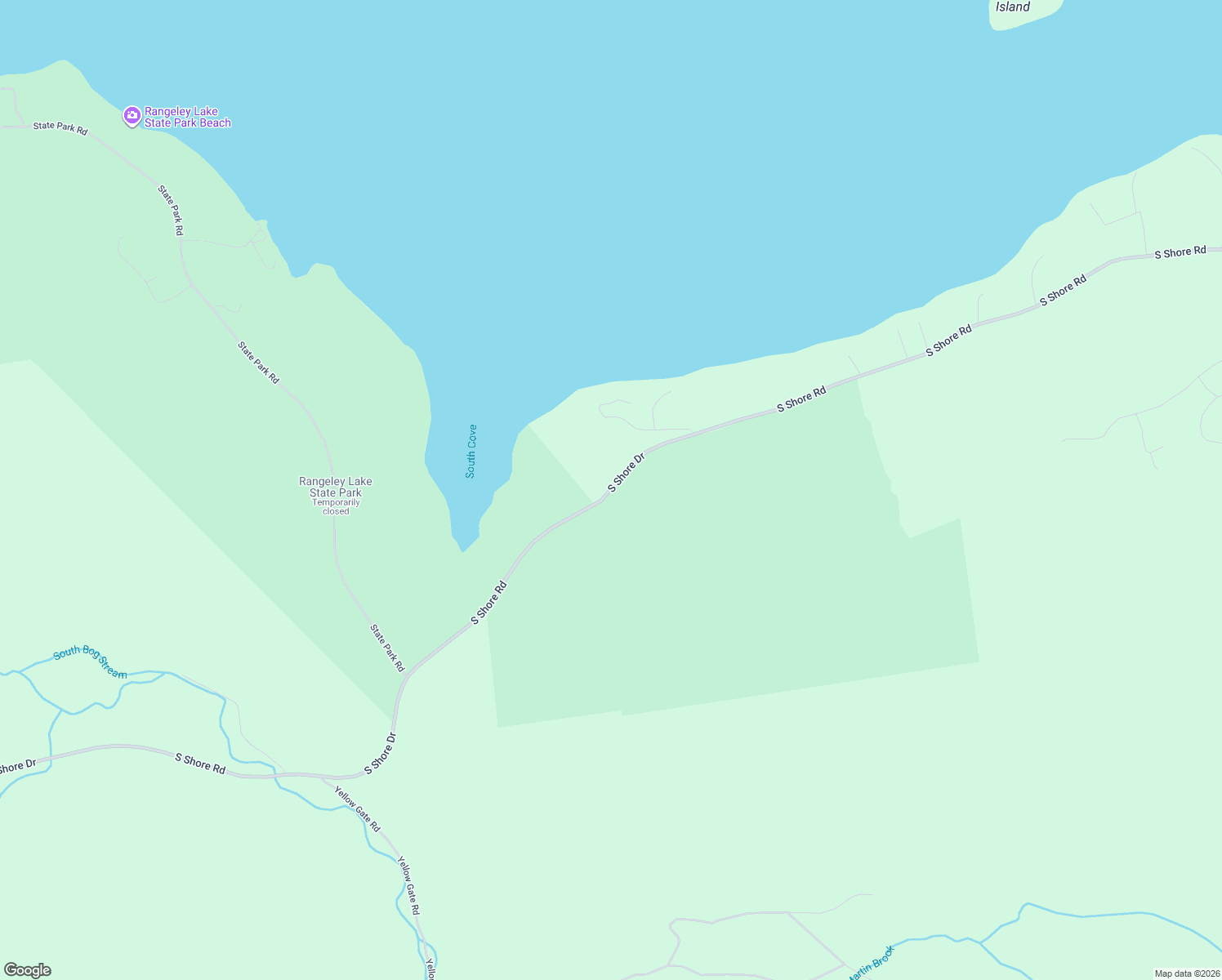 map of restaurants, bars, coffee shops, grocery stores, and more near South Shore Road in Rangeley